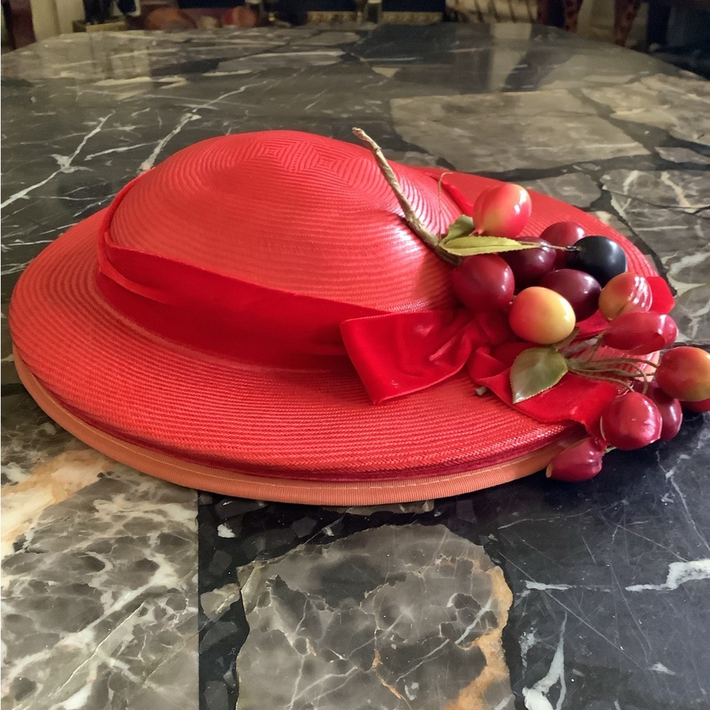 Vintage 1950’s J.LHudsons red woven circular straw hat with waxed fruit size 22